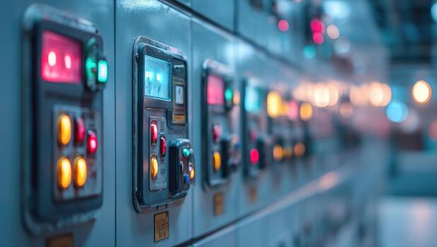 Industrial control panel with colorful lights and buttons photo