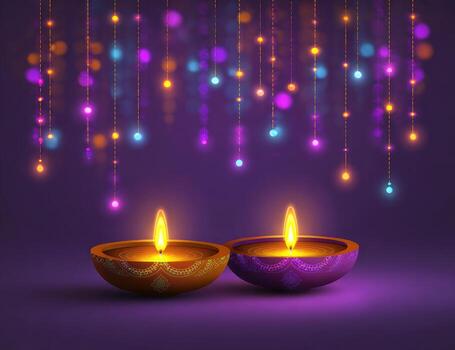 Two diyas, decorative bowls, with lit flames, against a backdrop of glowing strings of lights photo