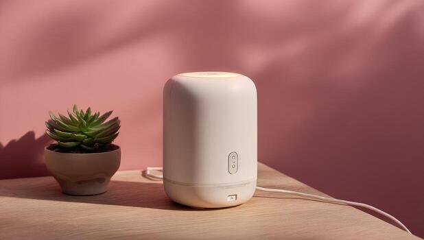 ligero beige difusor en ligero de madera mesa, junto a pequeño suculento foto