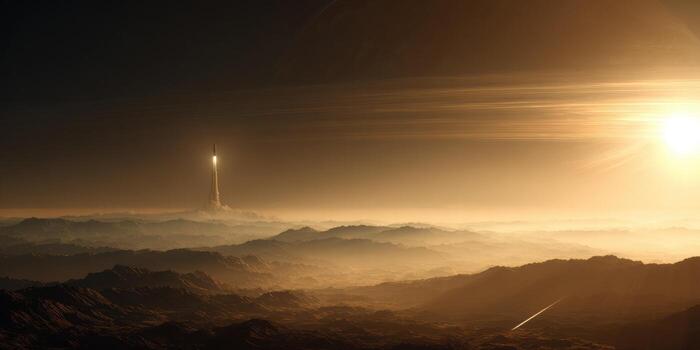 Rocket launch over a hazy, mountainous landscape at sunrise photo
