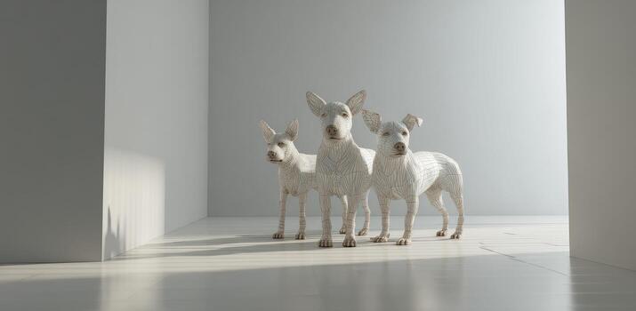 Three white dogs in a minimalist setting photo