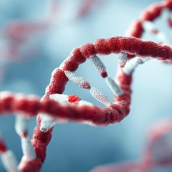 Close-up of a 3D model of a DNA double helix, depicted in vibrant red and white, spiraling against a soft, light-blue backdrop photo