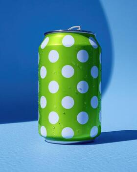 Green soda can with white polka dots, studio shot photo