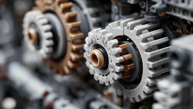 Close-up of intricate gears, grey and gold plastic photo