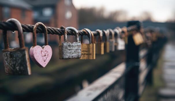 Locks with hearts on a rusty wire fence photo
