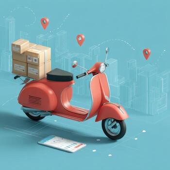 Retro red scooter carrying packages, city backdrop, tech interface photo