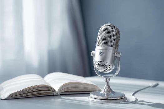 Silver microphone on a white table beside an open book. Soft light photo