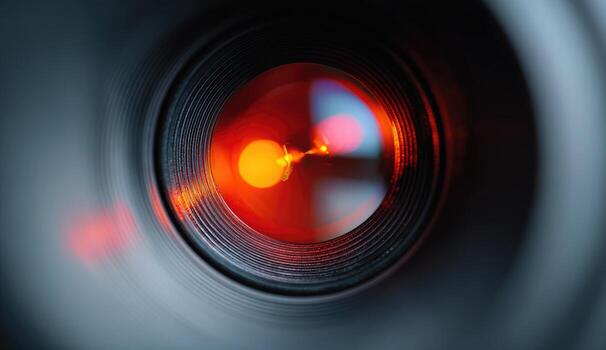 Close-up lens detail, red light, circular design photo