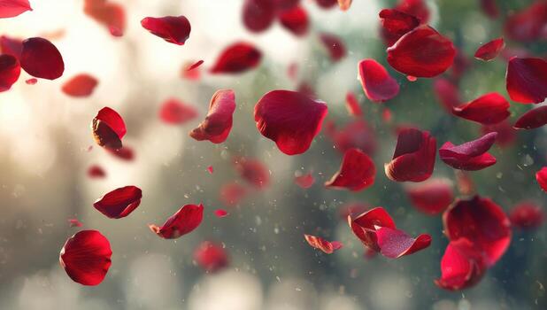 Red rose petals falling in slow motion photo