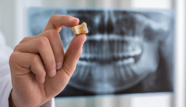 Doctor holds extracted tooth fragment. X-ray in background photo