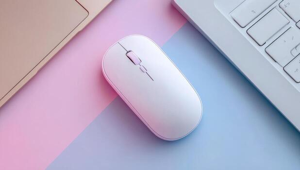Flat lay of a white wireless mouse on a pastel pink and light blue background, alongside two laptops photo