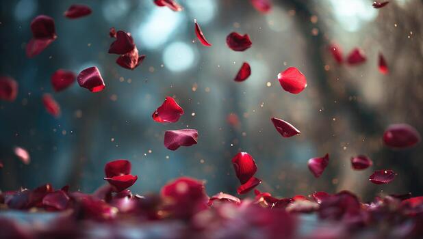 Rose petals falling, soft bokeh photo