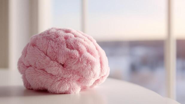Pink fluffy brain toy on white table near window photo