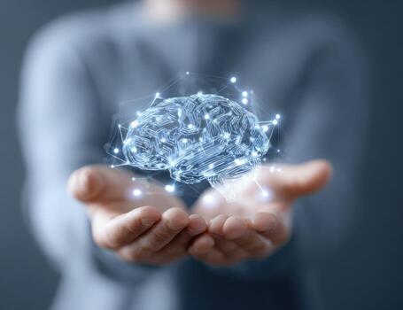 Man holding a brain with connected lines and dots on his hands photo