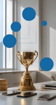 Golden trophy on a desk, with floating blue circles photo
