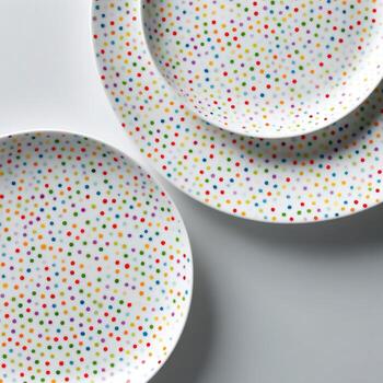Two round white plates, close-up, decorated with a colorful confetti pattern of small squares photo