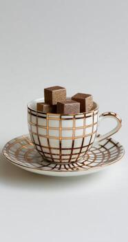 A teacup and saucer with gold-accented, grid design. Small brown sugar cubes inside photo