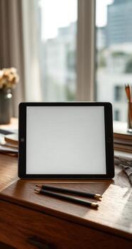 Tablet computer with blank screen on a wooden desk near a window photo
