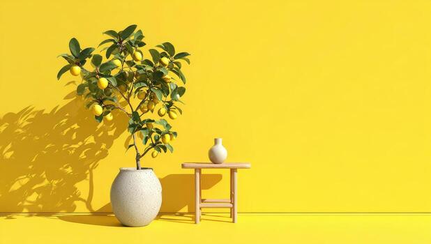 Lemon tree, small vase, wooden stool on vibrant yellow background photo