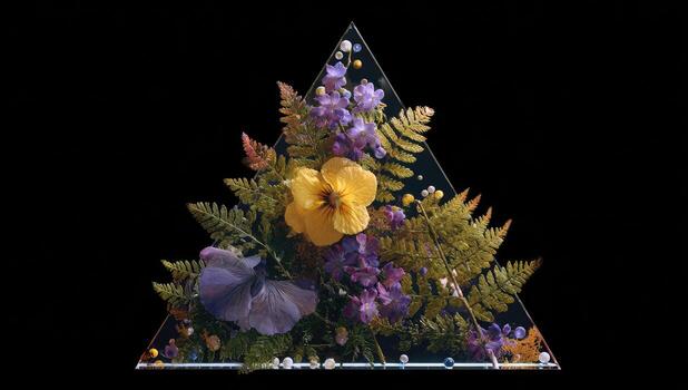 Pressed flowers arranged in a triangular frame against a black backdrop photo