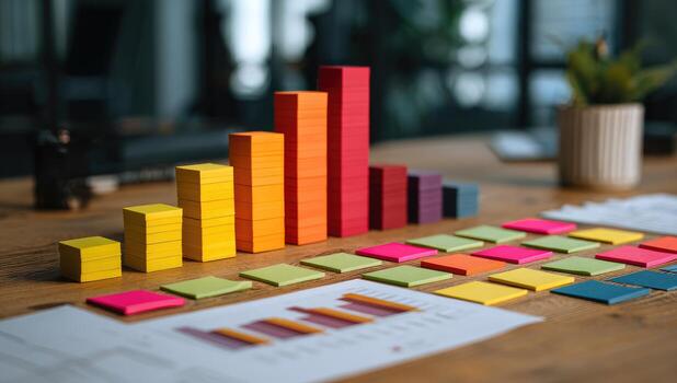 Colorful stacked blocks chart on a desk, surrounded by sticky notes and graphs photo