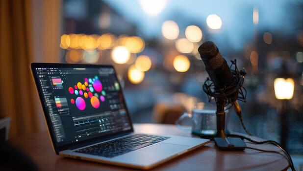 Laptop with colorful graphic design software, microphone, and blurred city lights background photo