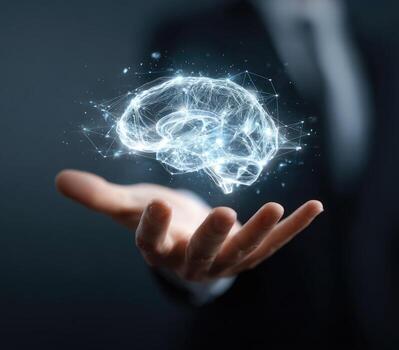 A man in a suit holding a brain with a network photo