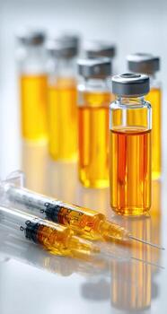 Clear glass vials of amber liquid, with two syringes, rest on a light background photo