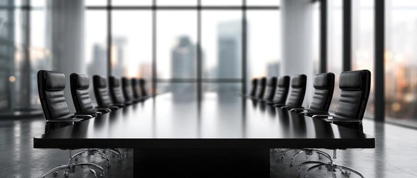 Empty conference room with large windows overlooking a city photo
