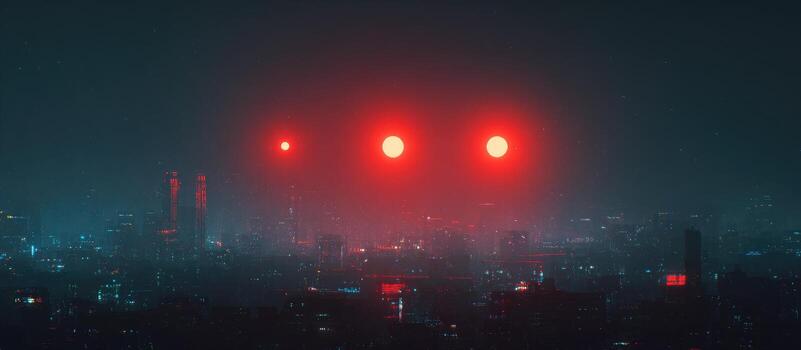 Night city shrouded in fog, with three bright red lights photo