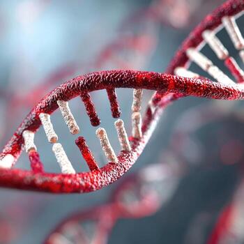 Close-up of a DNA double helix, red and white, 3D render photo