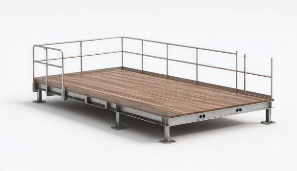 Elevated wooden platform with metal railing photo