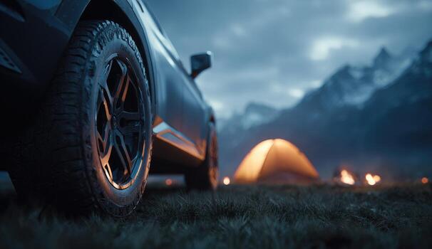 Dark SUV near a campsite in mountains at twilight photo