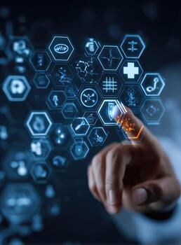 A hand interacts with a futuristic medical interface. Overlayed icons representing healthcare data, technology, and medical concepts float above the hand, in a dark, technological backdrop photo