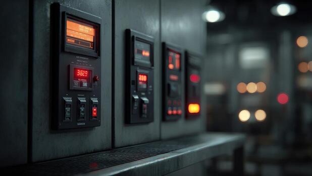 Close-up of industrial control panels with digital displays and buttons photo