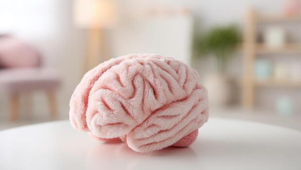 Plush pink brain model on a white table, out-of-focus room background photo