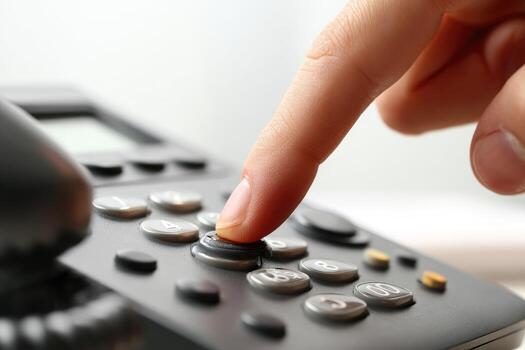 A person is pressing a button on a telephone photo