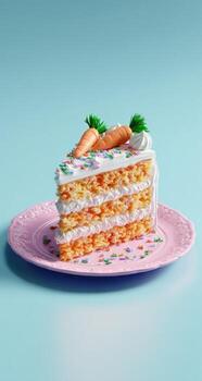 A slice of carrot cake on a pink plate, topped with decorative carrots and sprinkles photo