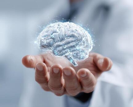 3D brain holographically projected over a doctor's hand photo