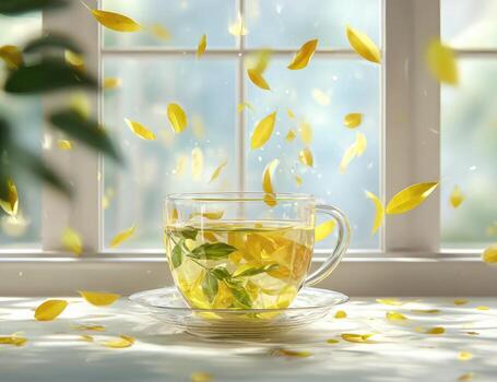 Delicate teacup with floating yellow petals by a window photo
