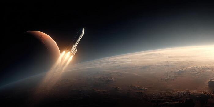 Rocket launch into space, with Mars in the background photo
