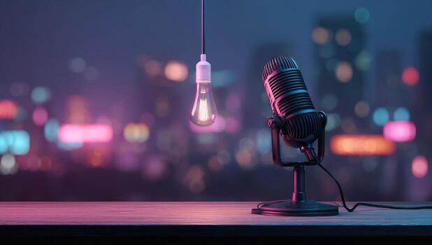 Vintage microphone and lightbulb on a table, city backdrop photo