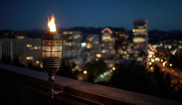Burning torch atop a railing, city lights in the background photo