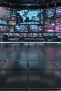 Futuristic control room interior, multiple screens, dark gray tiled floor photo