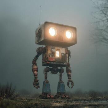 oxidado robot figura en brumoso bosque foto