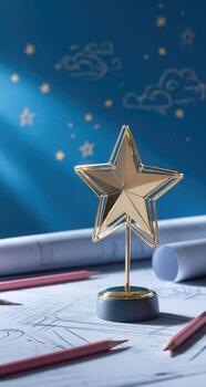 Gold star trophy on blueprint with sketch of clouds and stars photo