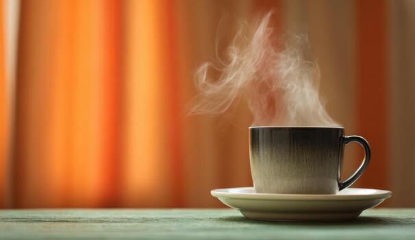 Steaming coffee cup on a table, soft orange curtains photo