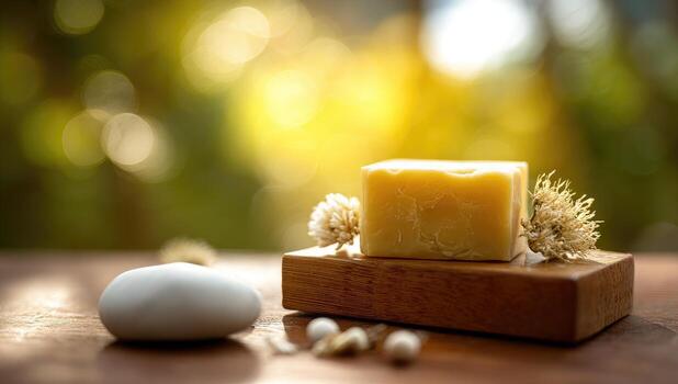 A block of yellow soap on a wooden stand, accented by white flowers and a stone photo
