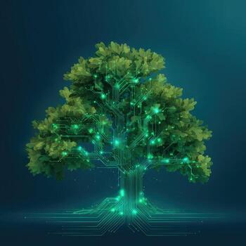 Digital tree with glowing circuit board design photo