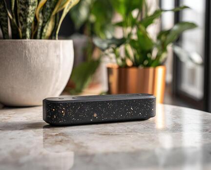 Dark gray speaker with gold flecks sits on a marble surface, surrounded by houseplants photo